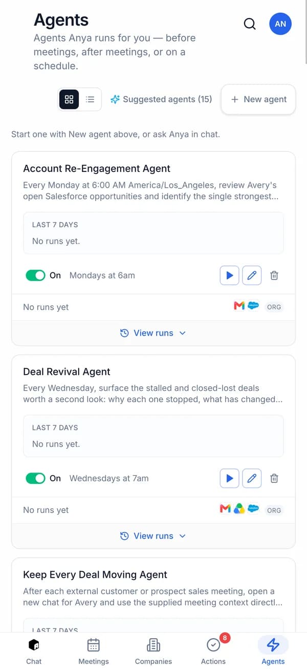 Agents deployed across the team, running before meetings, after meetings, or on a schedule