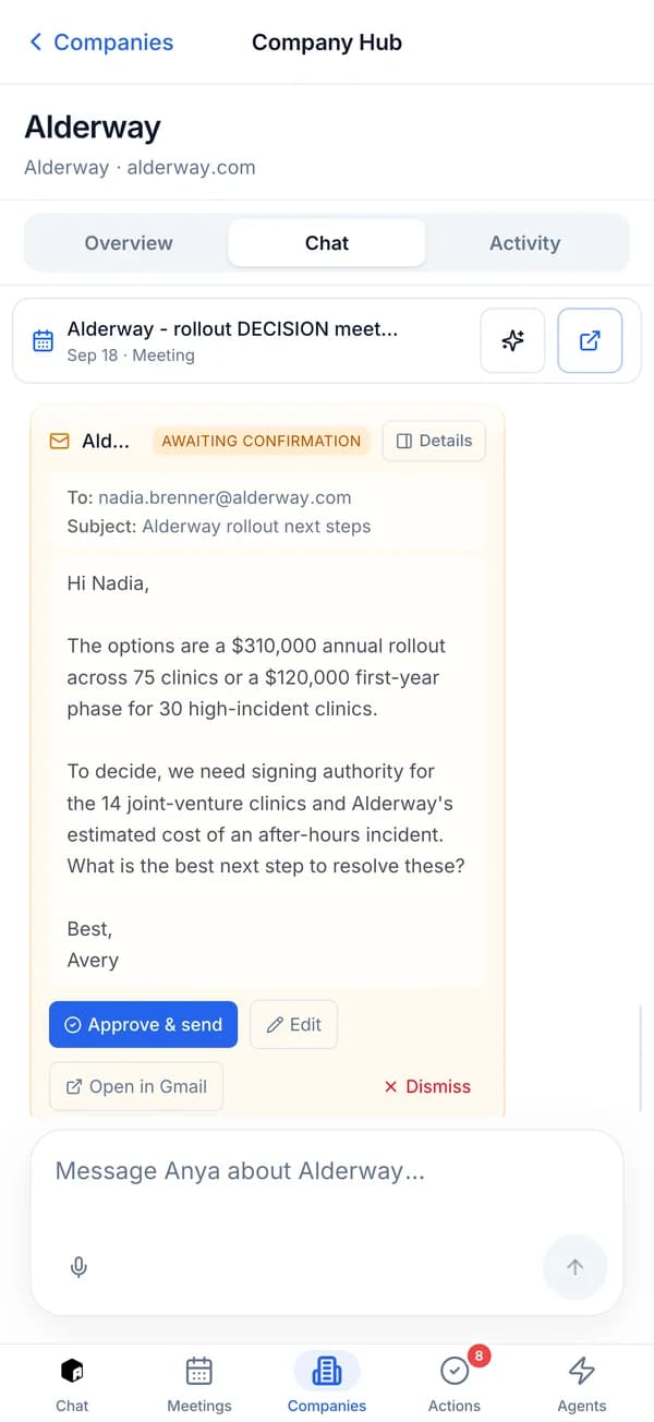 A follow-up email drafted by Anya, awaiting the seller's approval before sending