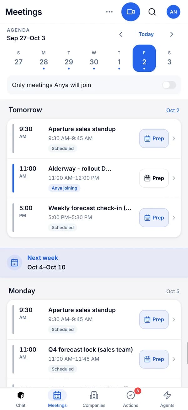 Anya's mobile meetings agenda showing which meetings Anya will join and prep for each