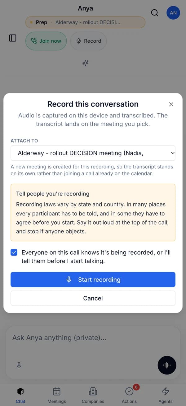 Recording an in-person conversation from a phone with Anya